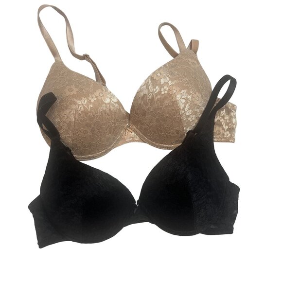 Victoria's Secret‎ Lace Trim Padded Bra 36C Black Beige BUNDLE of 2